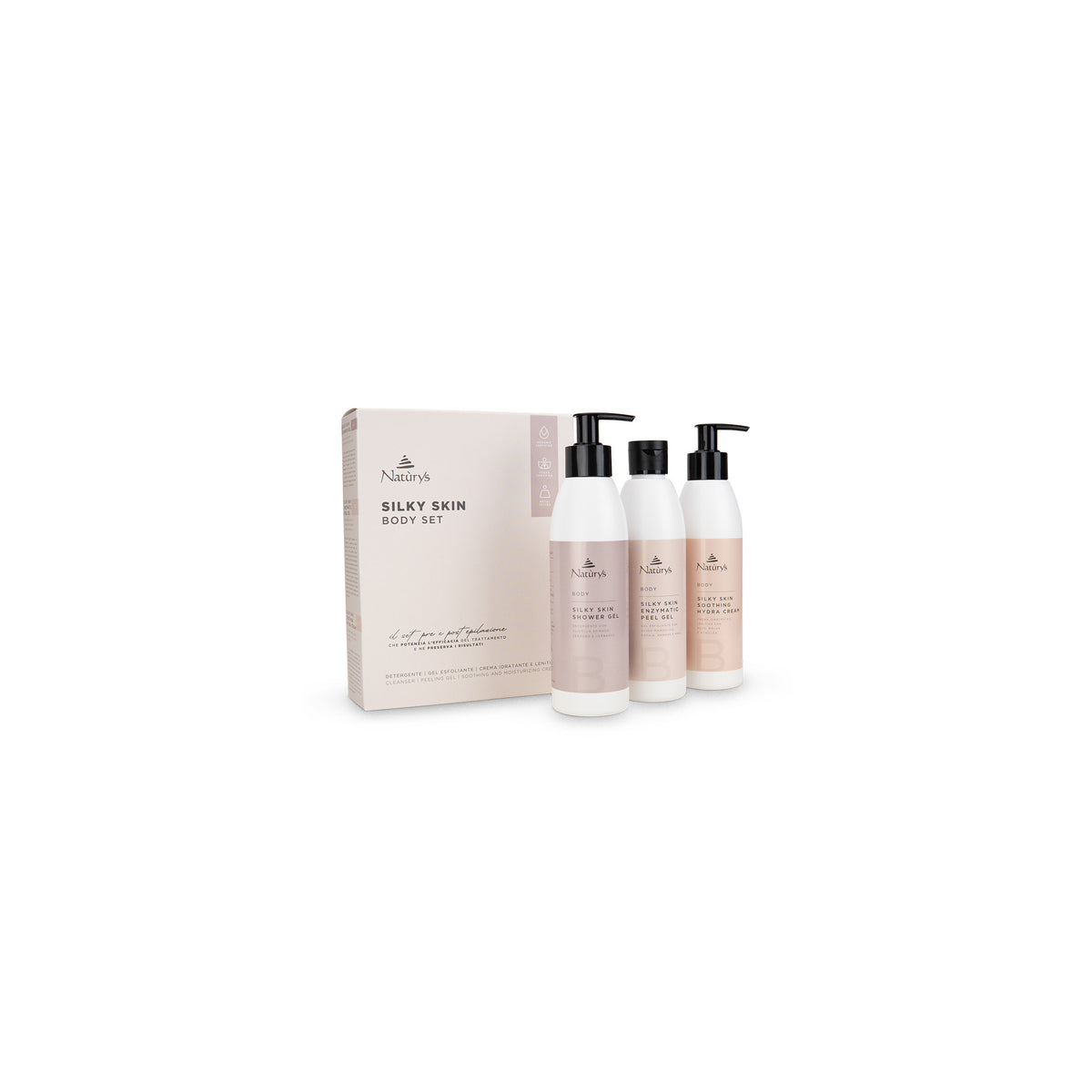 Naturys Silky Skin Body Set box with Shower Gel, Enzymatic Peel Gel and Soothing Hydra Cream bottles on white.
