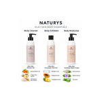 Naturys Silky Skin ingredient guide showing shower gel, enzymatic peel and body cream with separately labelled key ingredients.