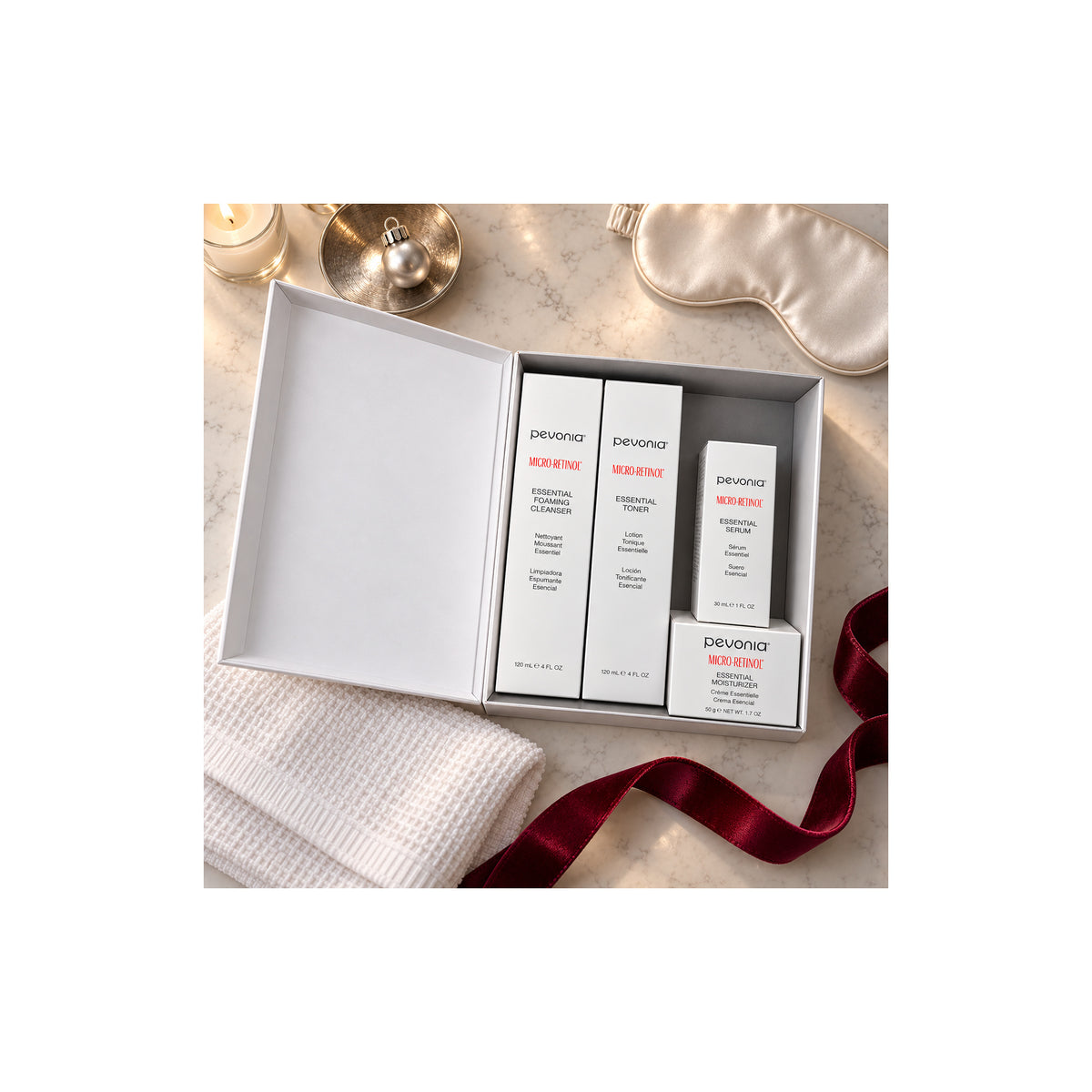 PEVONIA MICRO RETINOL SKIN REFINING GIFT BOX — Micro Retinol Skin Refining Gift Set - open box
