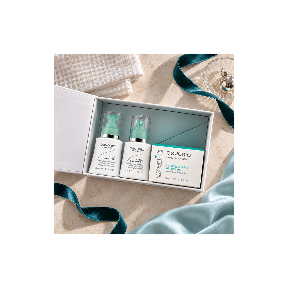 PEVONIA Sensitive Skin Gift Box — Sensitive Skin Essentials Gift Pack - open box
