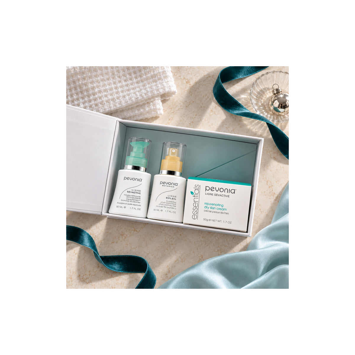 PEVONIA Dry Skin Gift Box — Dry Skin Essentials Gift Pack - open box