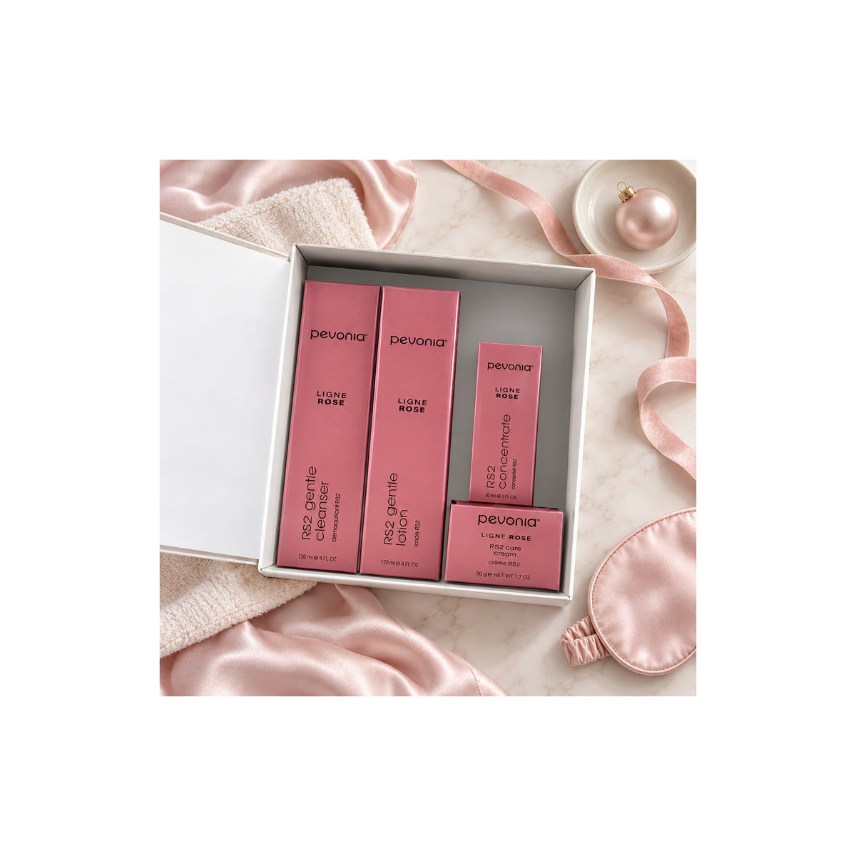 PEVONIA RS2 ROSACEA SKIN ESSENTIAL GIFT BOX — RS2 Rosacea Skin Essentials Gift Set - open box
