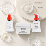 Pevonia Micro-Retinol Cleanser, Toner and Moisturiser with labelled ingredient textures and skincare ingredients.