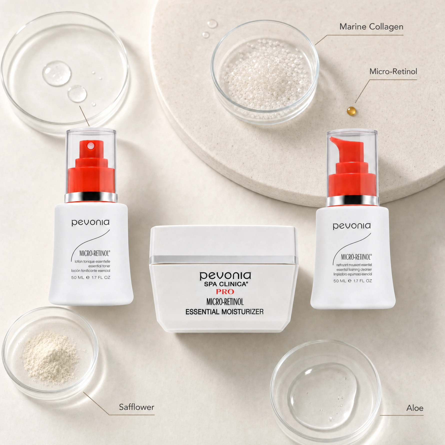 Pevonia Micro-Retinol Cleanser, Toner and Moisturiser with labelled ingredient textures and skincare ingredients.