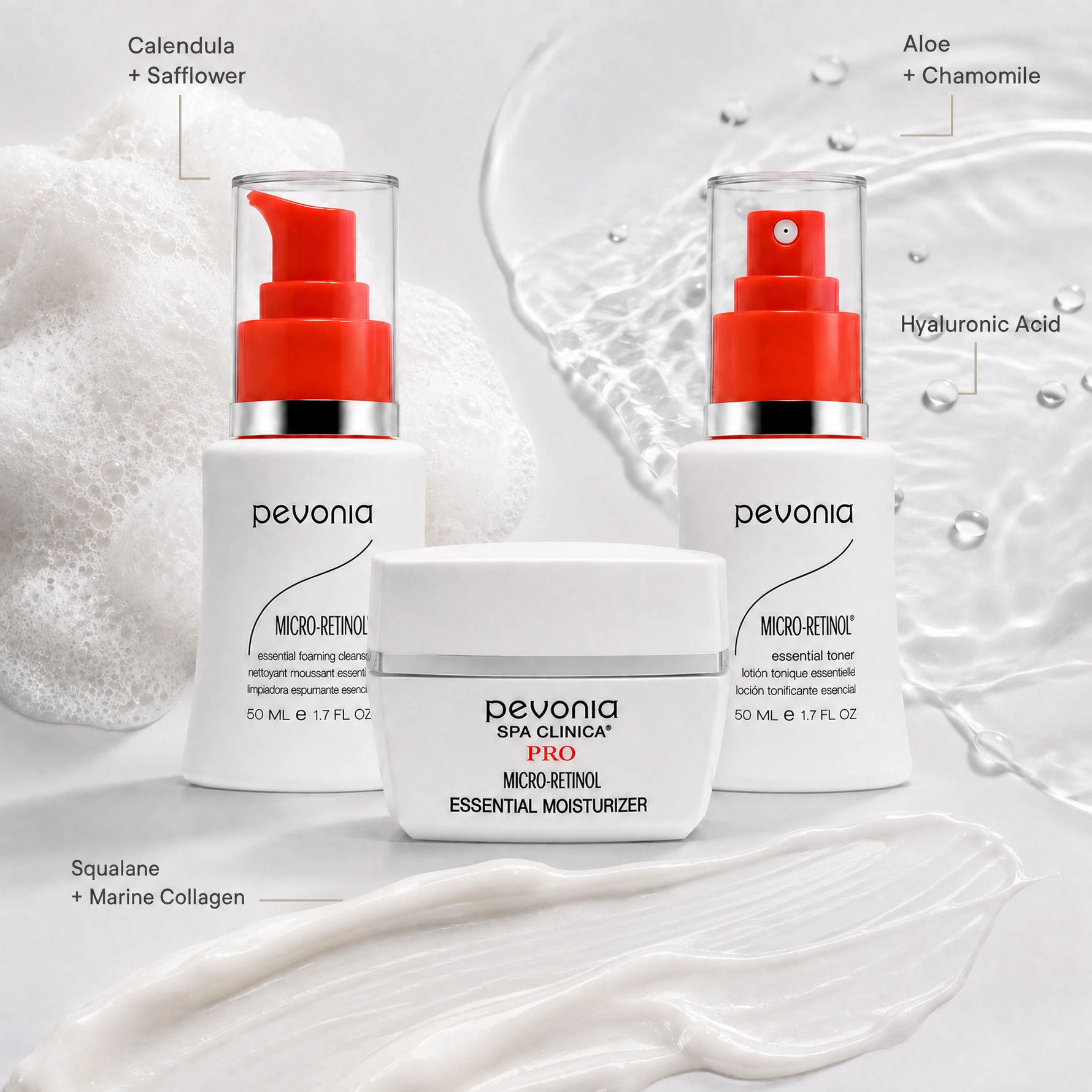 Woman applying Pevonia Micro-Retinol Essential Moisturiser in a home bathroom with the Foaming Cleanser and Toner displayed on the stone vanity.