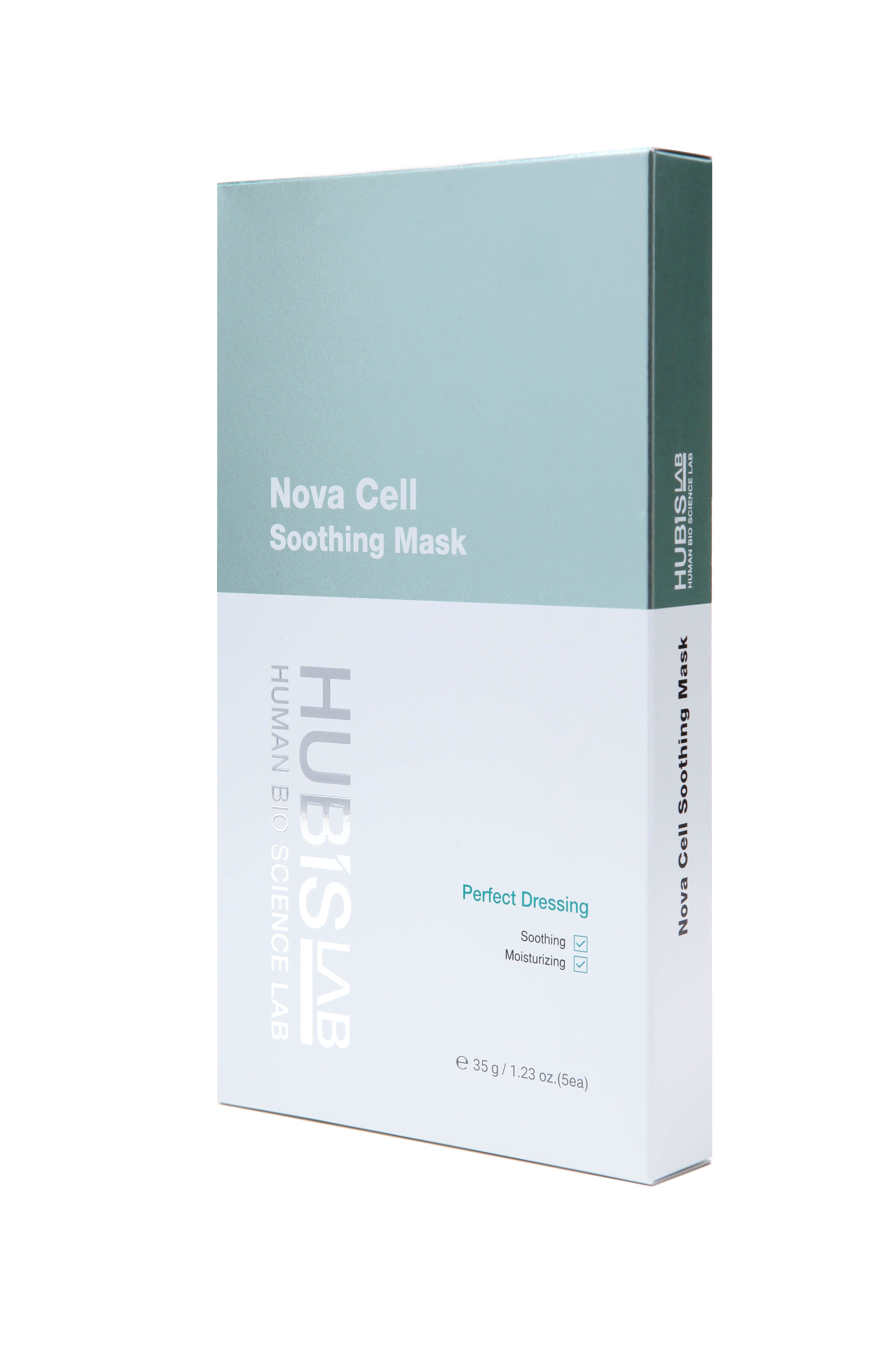 HUBISLAB e+ Epiderma Nova Cell Soothing Mask,  other is a full box of 5 sheet masks, with product information and branding visible.