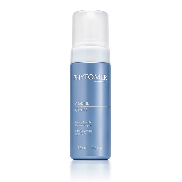 A blue bottle of Phytomer CITYLIFE Ultra Cleansing Flash Peel with a pump dispenser, labeled as having 125ml / 4.1 fl oz of the product.
