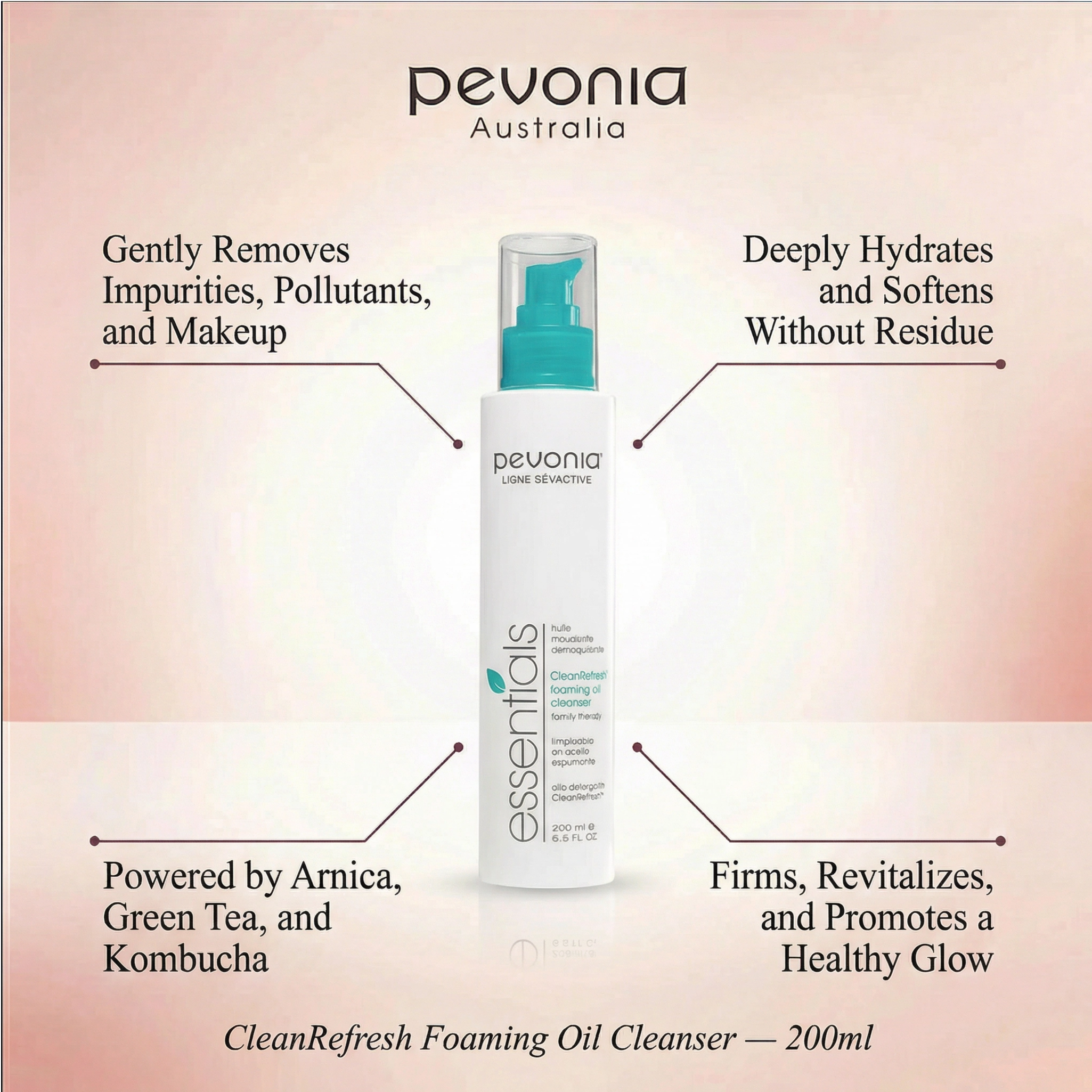Pevonia Australia CleanRefresh Foaming Oil Cleanser bottle with product features on a gradient background
