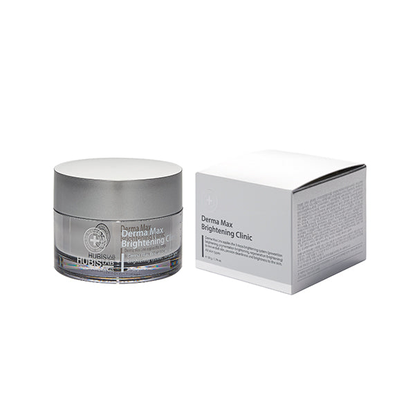 A jar of Hubislab Derma Max Brightening Clinic night cream next to its packaging box.