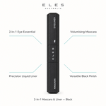 Eles 2 in 1 Mascara Liner Black  by ELES Australia, shown vertically on a white background with callout text reading '2-in-1 Eye Essential,' 'Volumising Mascara,' 'Precision Liquid Liner,' 'Versatile Black Finish,' and '2-in-1 Mascara & Liner — Black.'.