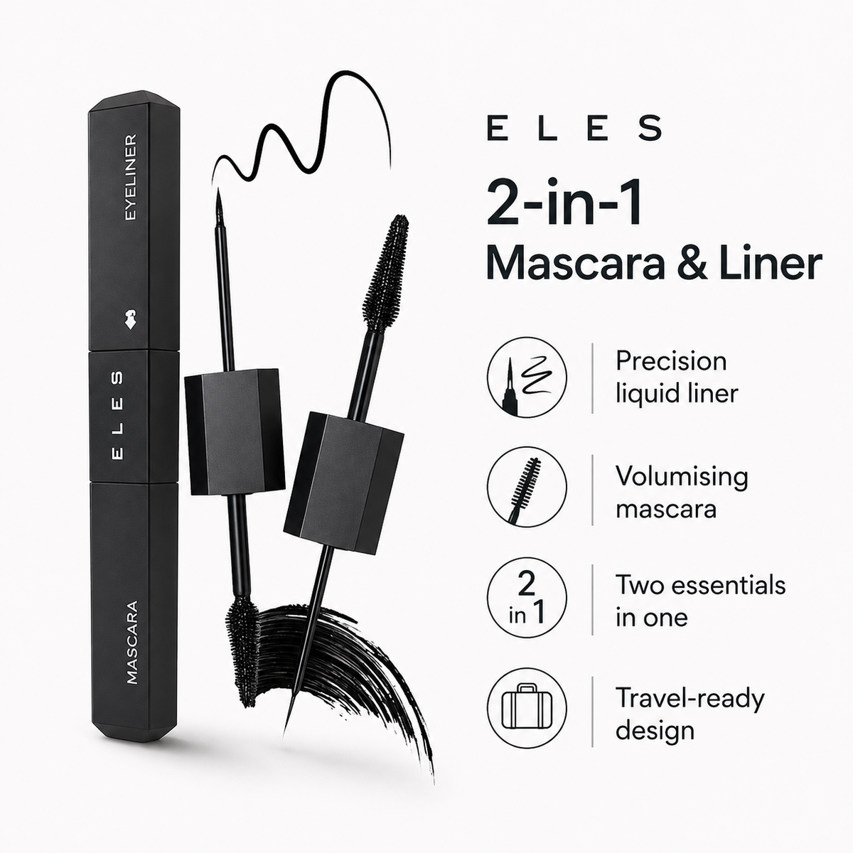 Eles 2 in 1 Mascara Liner Black  set on a clean white background, featuring a black rectangular tube labeled with 'EYESLINER' and 'MASCARA', a black applicator wand with a spoolie brush, and a second applicator wand with a liner tip, alongside text callouts about precision liquid liner, volumising mascara, 2-in-1 design, and travel-ready packaging.