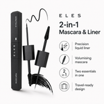 Eles 2 in 1 Mascara Liner Black  set on a clean white background, featuring a black rectangular tube labeled with 'EYESLINER' and 'MASCARA', a black applicator wand with a spoolie brush, and a second applicator wand with a liner tip, alongside text callouts about precision liquid liner, volumising mascara, 2-in-1 design, and travel-ready packaging.
