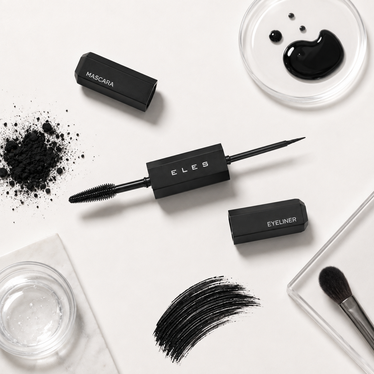 Eles 2 in 1 Mascara Liner Black arranged on a white surface, including a mascara tube, eyeliner wand, eyeliner cap, powder, brush, and clear containers. The central product is the black eyeliner wand with the brand name ELES visible on the tube.