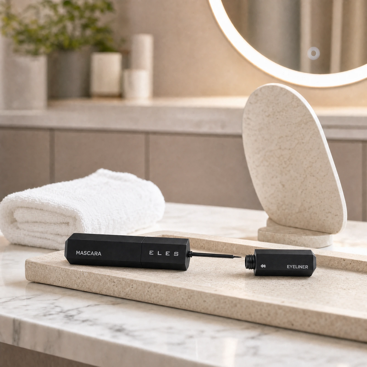 Eles 2 in 1 Mascara Liner Black  set labeled ELES, shown open on a marble tray in a softly lit bathroom setting with a folded white towel and a small mirror in the background.