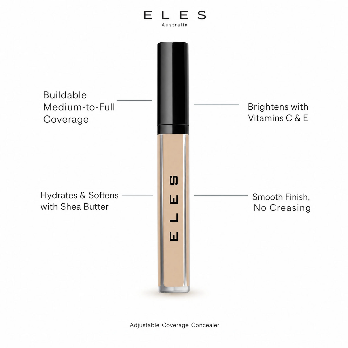 ELES Adjustable Coverage Concealer benefit callout showing buildable medium-to-full coverage, hydrates and softens with shea butter, brightens with vitamins C and E, and smooth finish no creasing 