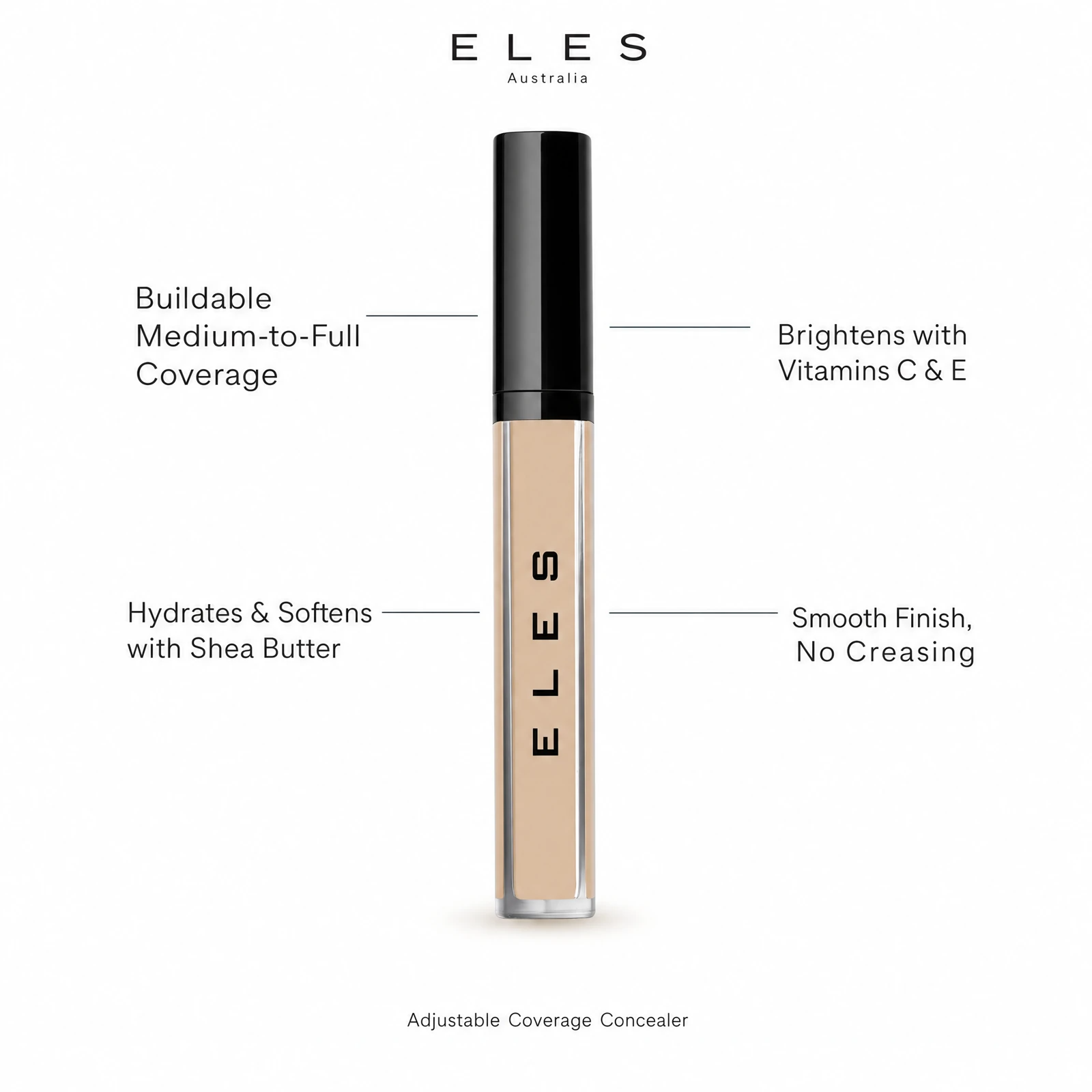 ELES Adjustable Coverage Concealer benefit callout showing buildable medium-to-full coverage, hydrates and softens with shea butter, brightens with vitamins C and E, and smooth finish no creasing 