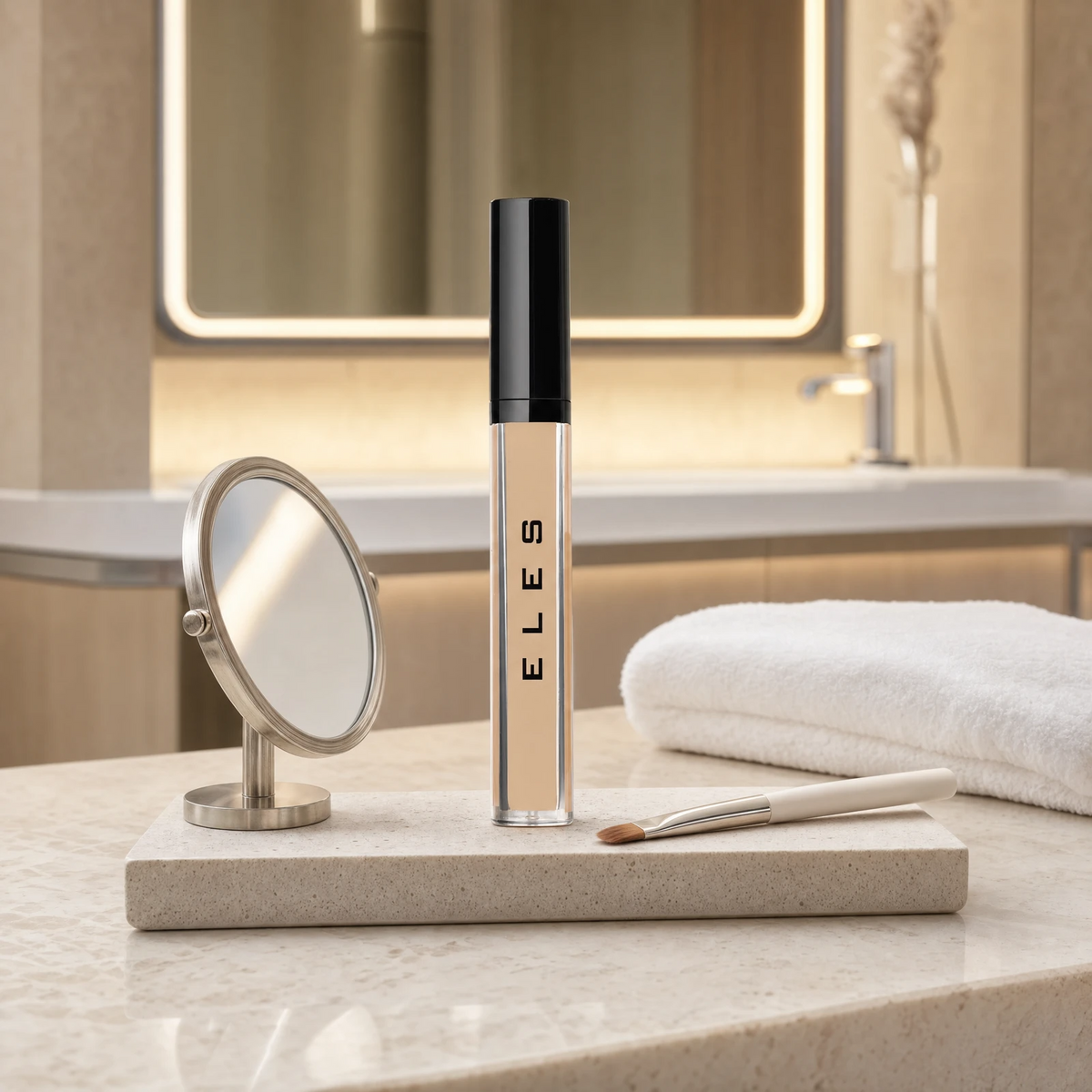 ELES Adjustable Coverage Concealer wand standing upright on a stone tray with a concealer brush and round mirror on a marble clinic bench inside a premium skin clinic treatment room.