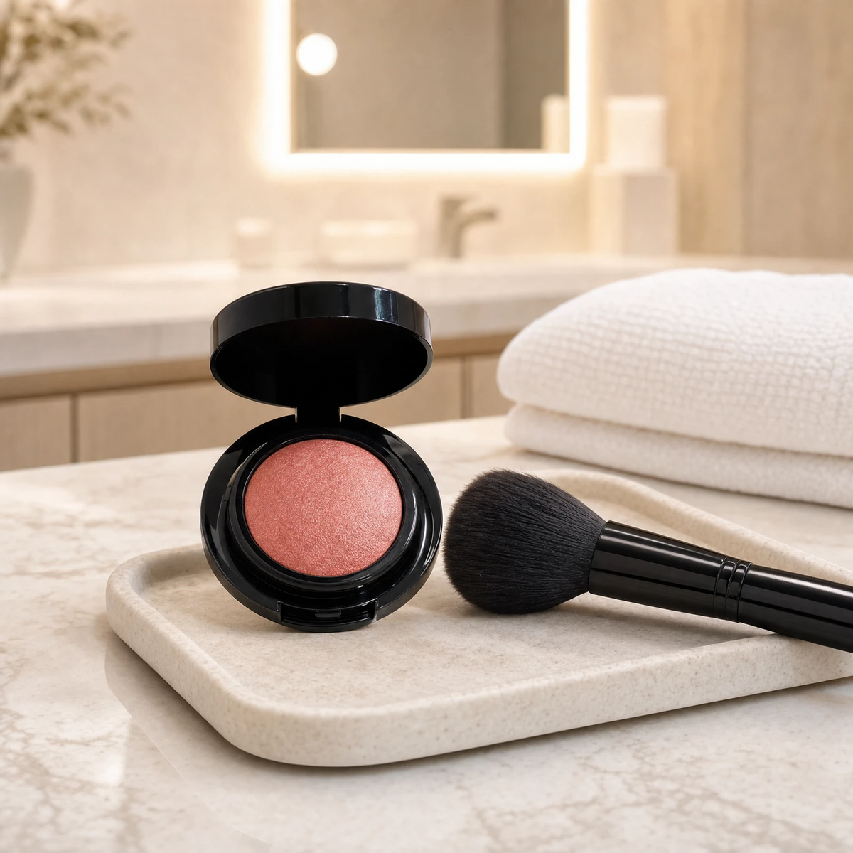 ELES Baked Blush open compact with a large fluffy blush brush on a stone tray on a marble bench 