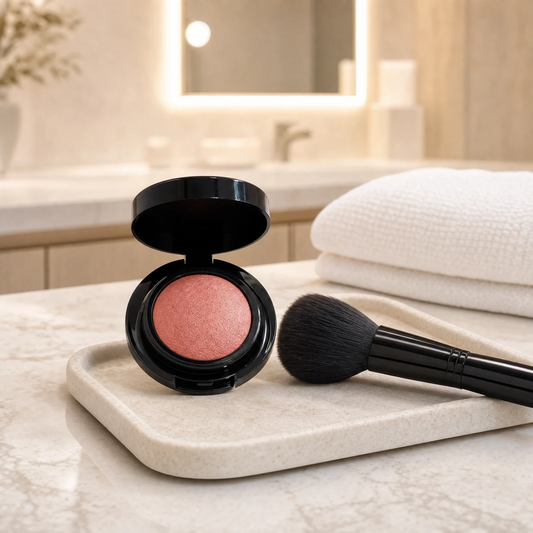 ELES Baked Blush open compact with a large fluffy blush brush on a stone tray on a marble bench 
