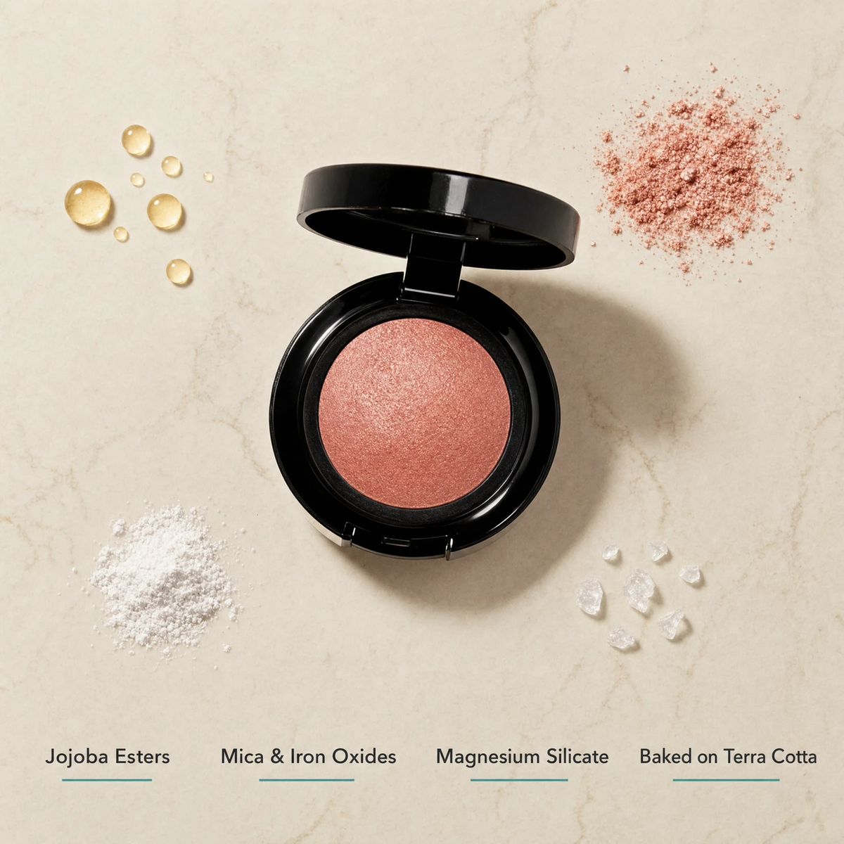 ELES Baked Blush ingredient flatlay featuring jojoba esters, mica and iron oxides, magnesium silicate and baked on terra cotta on a warm limestone surface