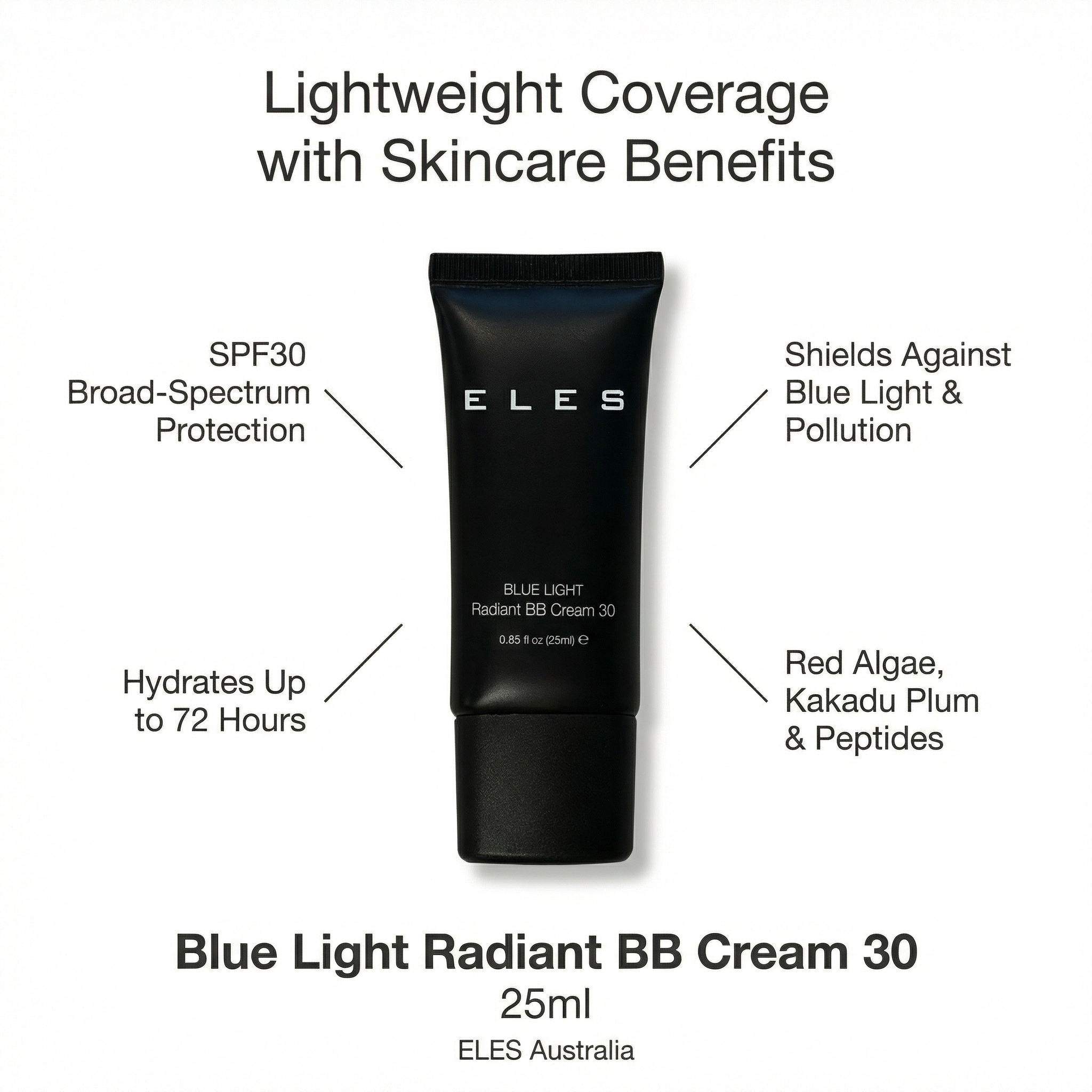 Blue Light Radiant BB Cream 30 with call out highlighting skincare benefits on a white background