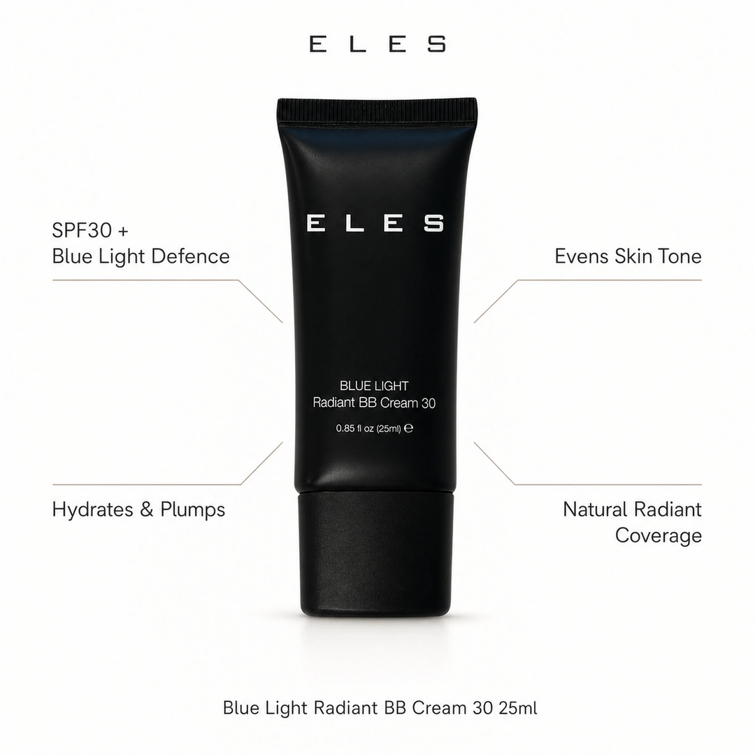 ELES Blue Light Radiant BB Cream 30 25ml with benefit callouts for SPF30 blue light defence, hydration, even tone and natural radiant coverage.