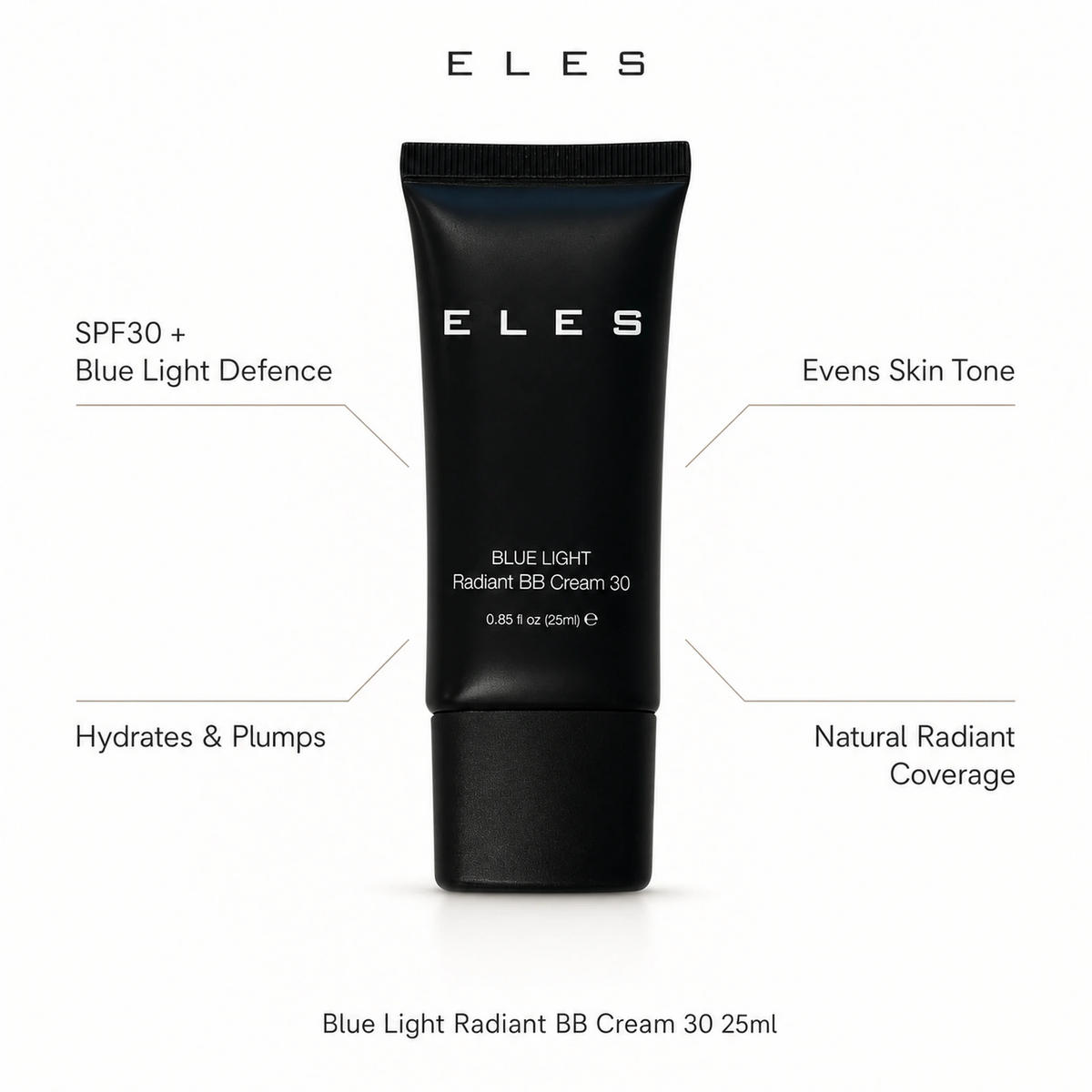 ELES Blue Light Radiant BB Cream 30 25ml with benefit callouts for SPF30 blue light defence, hydration, even tone and natural radiant coverage.