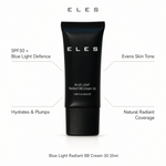 ELES Blue Light Radiant BB Cream 30 25ml with benefit callouts for SPF30 blue light defence, hydration, even tone and natural radiant coverage.