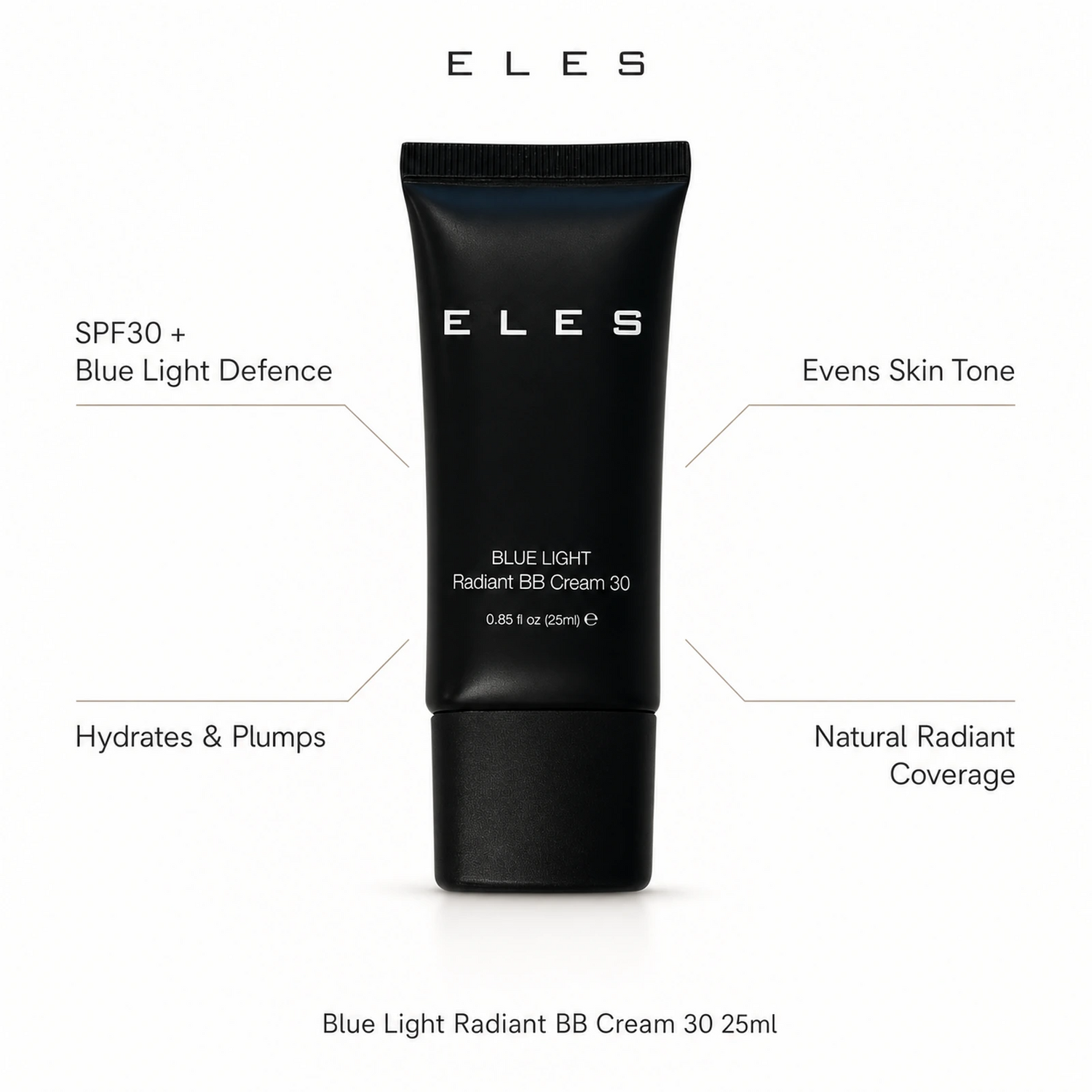ELES Blue Light Radiant BB Cream 30 25ml with benefit callouts for SPF30 blue light defence, hydration, even tone and natural radiant coverage.