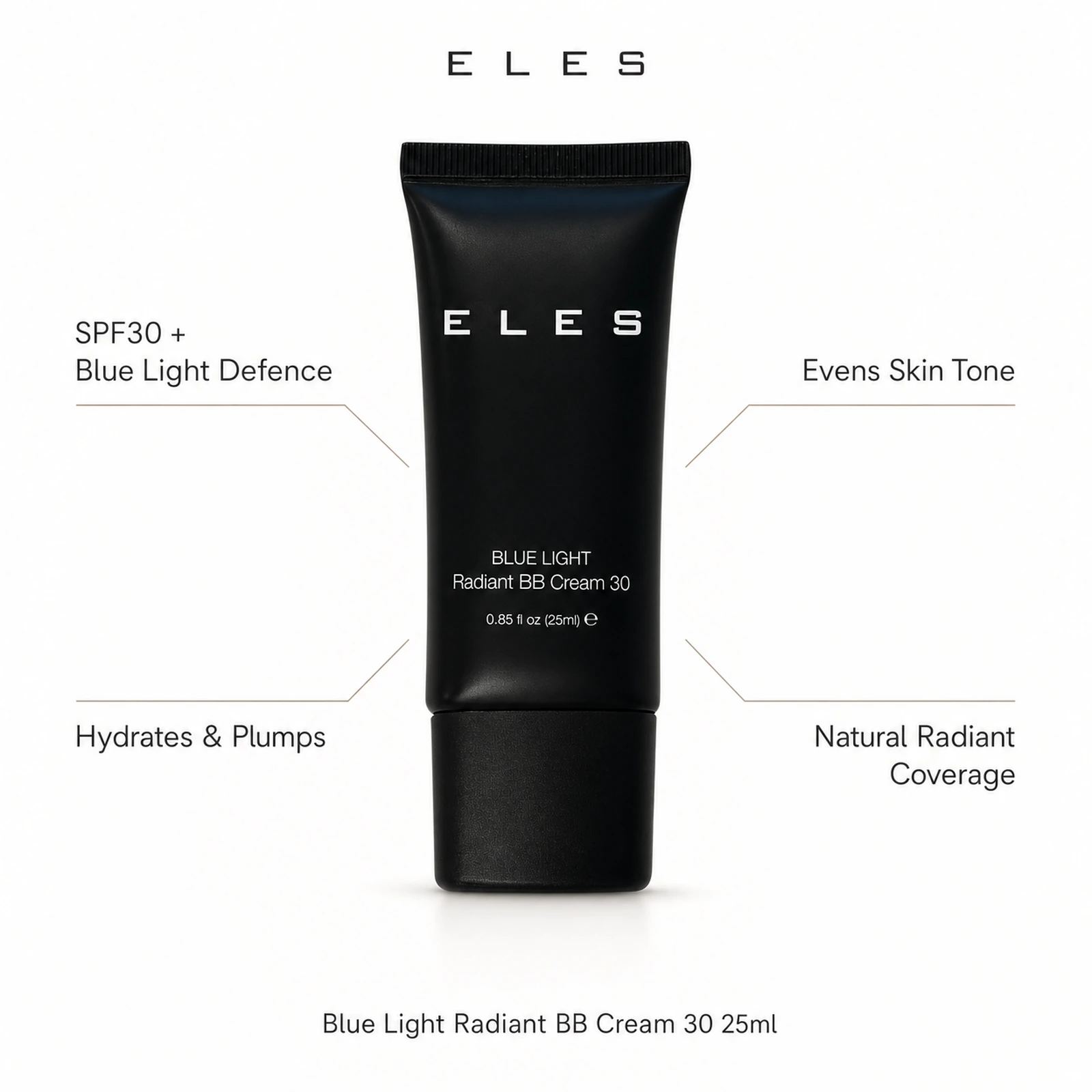 ELES Blue Light Radiant BB Cream 30 25ml with benefit callouts for SPF30 blue light defence, hydration, even tone and natural radiant coverage.