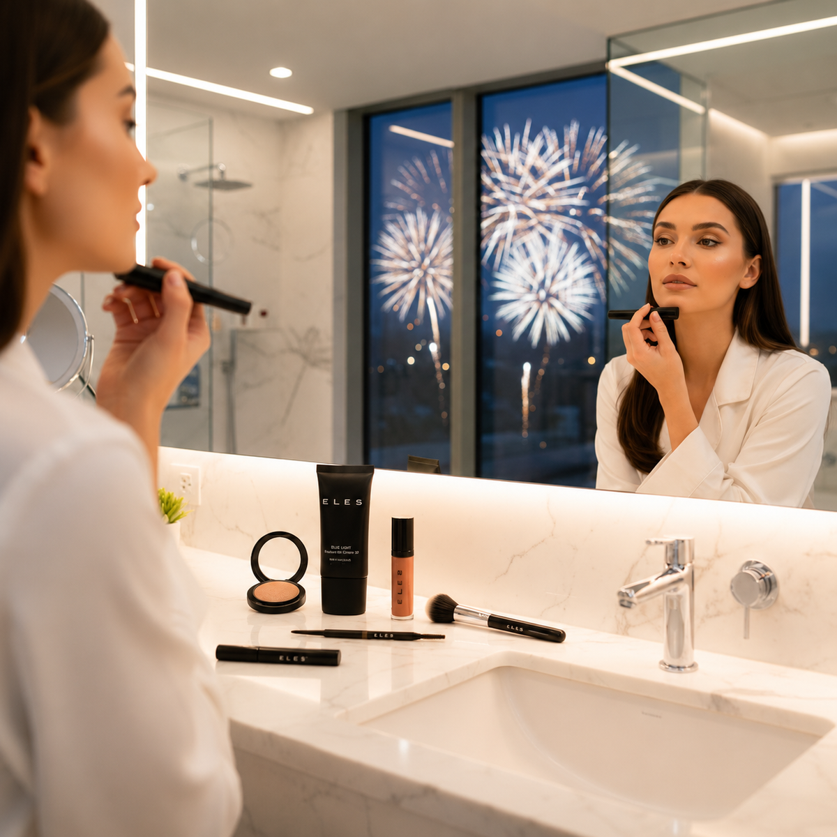 ELES Blue Light Radiant BB Cream 30 displayed on a bathroom vanity while model applies makeup in an evening setting.