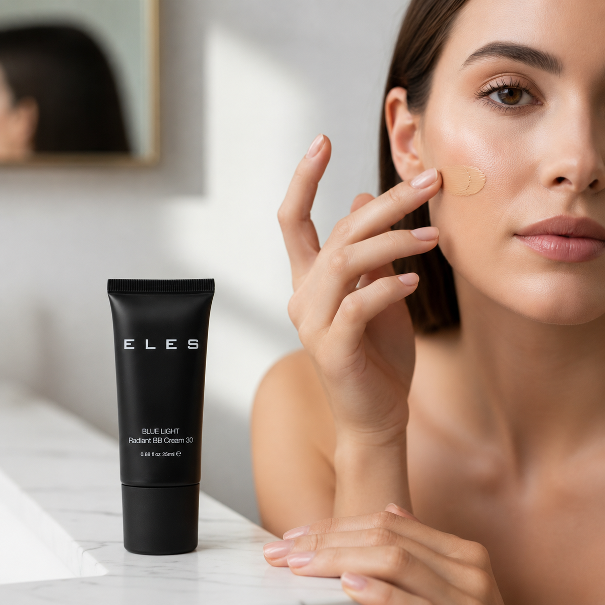 ELES Blue Light Radiant BB Cream 30 shown with model applying product in a clean bathroom setting.