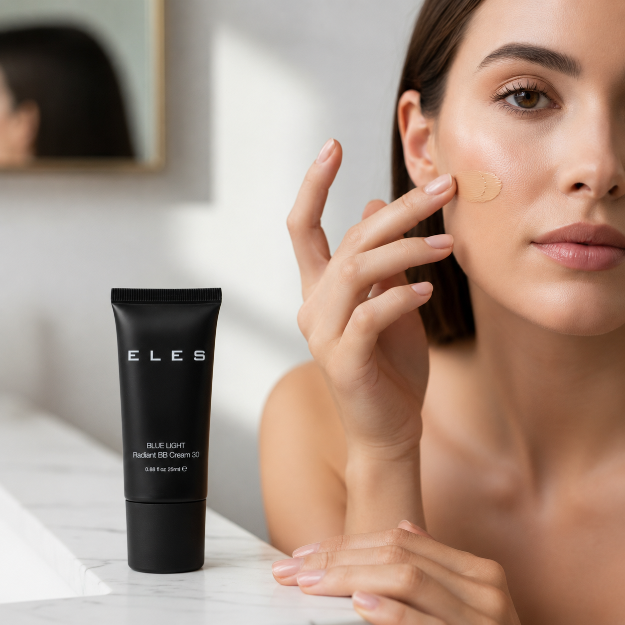 ELES Blue Light Radiant BB Cream 30 shown with model applying product in a clean bathroom setting.