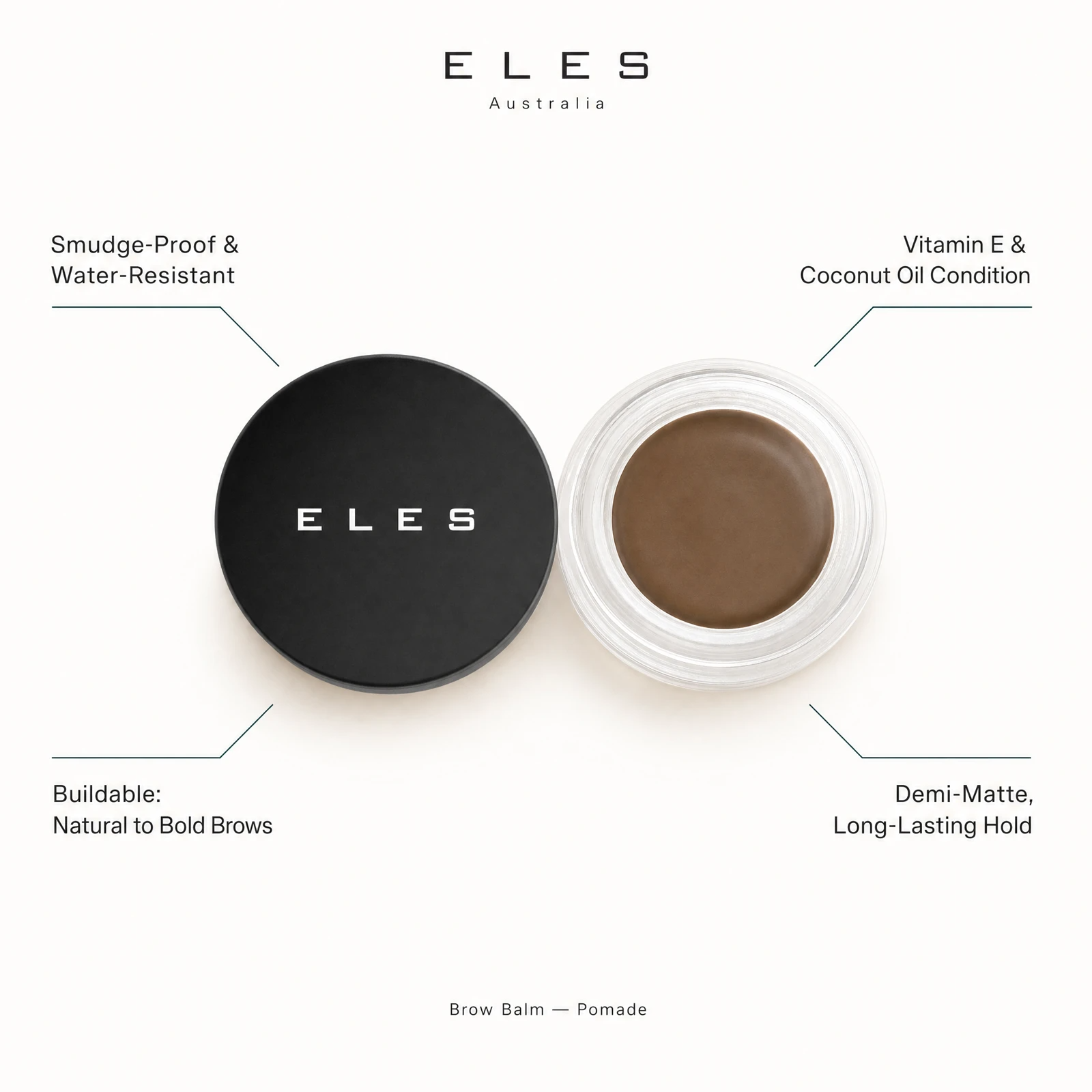 ELES Brow Balm Pomade benefit callout showing smudge-proof and water-resistant formula, buildable natural to bold brows, vitamin E and coconut oil conditioning, and demi-matte long-lasting hold. 