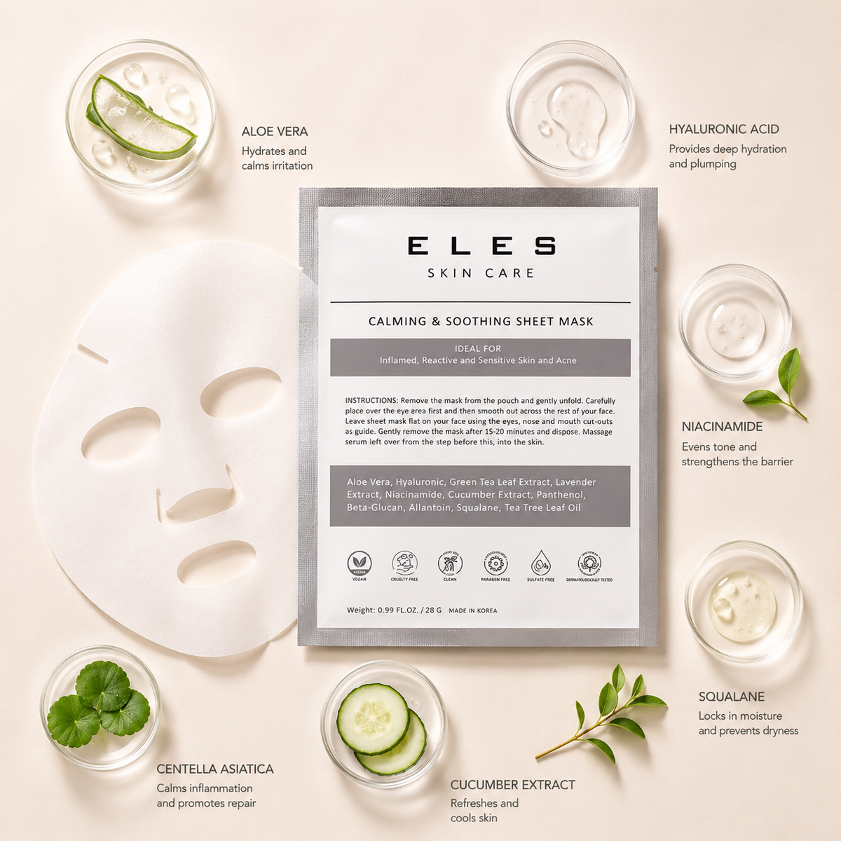 ELES Calming & Soothing Sheet Mask with aloe vera, hyaluronic acid, niacinamide, squalane, centella asiatica and cucumber extract, luxury clean skincare flat lay with hydrating serum textures on minimal warm neutral background.