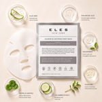 ELES Calming & Soothing Sheet Mask with aloe vera, hyaluronic acid, niacinamide, squalane, centella asiatica and cucumber extract, luxury clean skincare flat lay with hydrating serum textures on minimal warm neutral background.