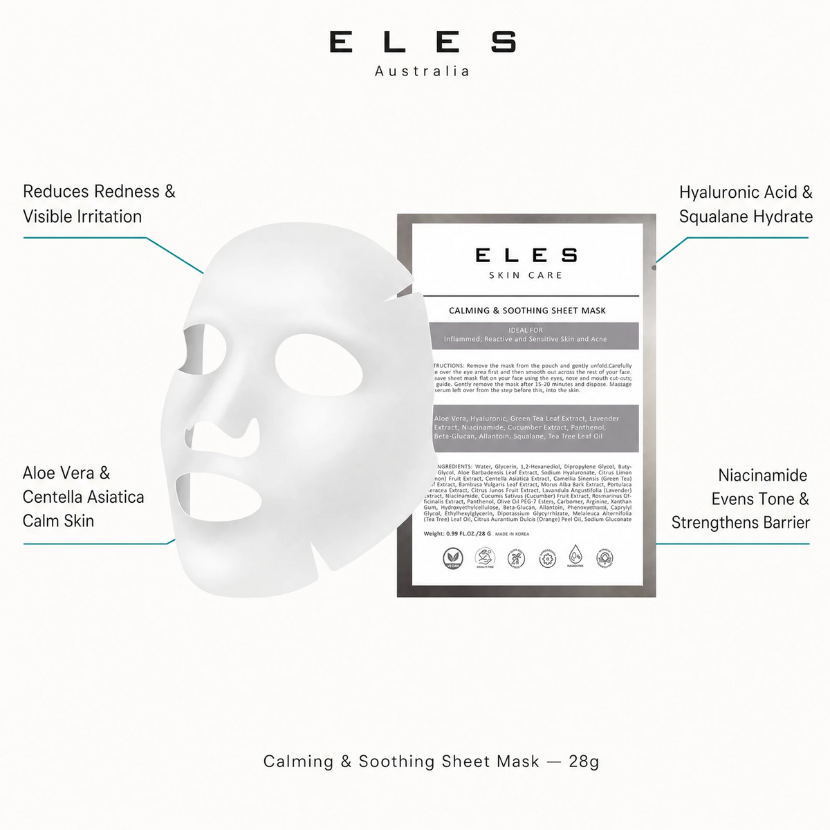 ELES Calming and Soothing Sheet Mask benefit callout showing reduces redness and visible irritation, aloe vera and centella asiatica calm skin, hyaluronic acid and squalane hydrate, and niacinamide evens tone and strengthens barrier for professional salon and clinic use