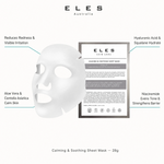 ELES Calming and Soothing Sheet Mask benefit callout showing reduces redness and visible irritation, aloe vera and centella asiatica calm skin, hyaluronic acid and squalane hydrate, and niacinamide evens tone and strengthens barrier for professional salon and clinic use