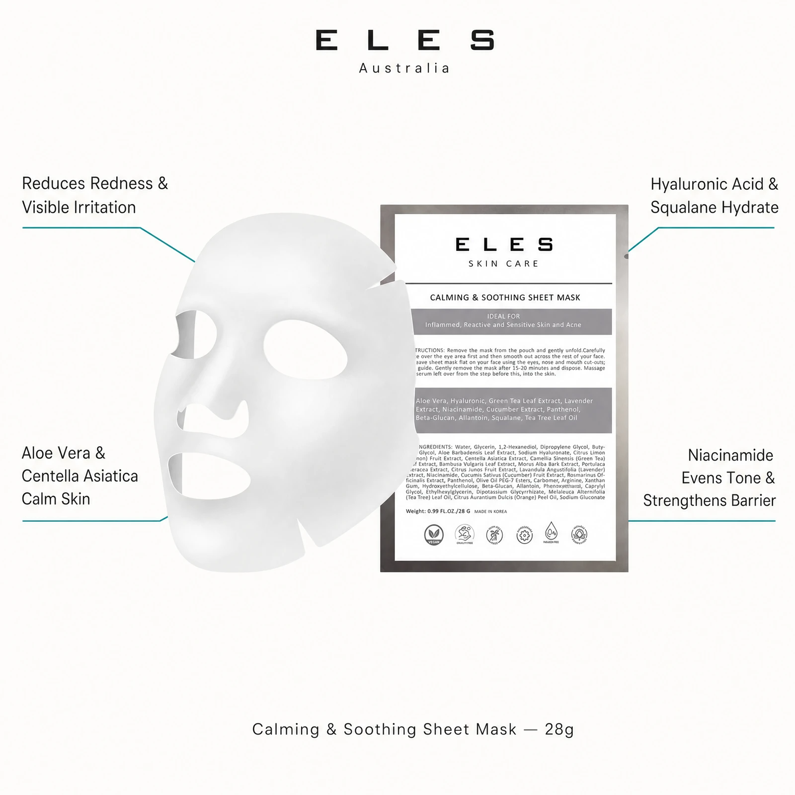 ELES Calming and Soothing Sheet Mask benefit callout showing reduces redness and visible irritation, aloe vera and centella asiatica calm skin, hyaluronic acid and squalane hydrate, and niacinamide evens tone and strengthens barrier for professional salon and clinic use