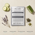 ELES Calming and Soothing Sheet Mask ingredient flatlay featuring aloe vera, centella asiatica, cucumber extract and hyaluronic acid with fresh cucumber slices, aloe leaf, lavender and green tea on a warm limestone surface