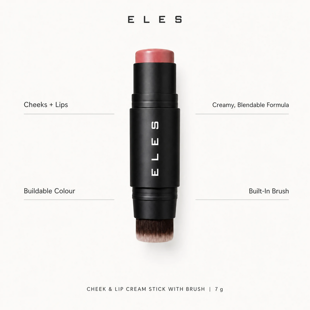 ELES cheek and lip cream stick with brush in a black casing, showing a pinkish nude cream stick top and dual-ended brush bristles, surrounded by descriptive text on a light gray background.