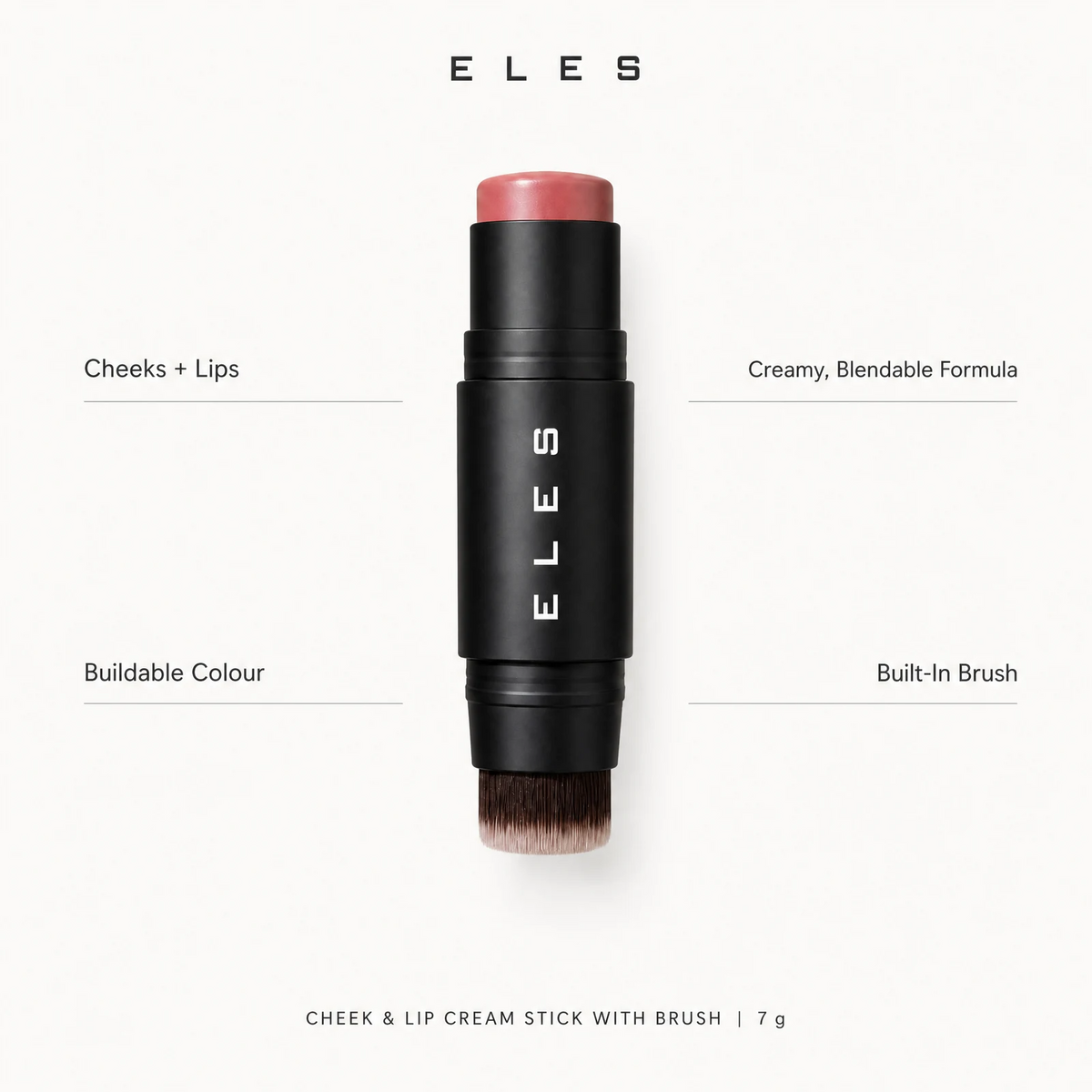 ELES cheek and lip cream stick with brush in a black casing, showing a pinkish nude cream stick top and dual-ended brush bristles, surrounded by descriptive text on a light gray background.