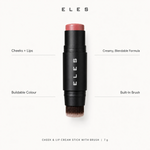ELES cheek and lip cream stick with brush in a black casing, showing a pinkish nude cream stick top and dual-ended brush bristles, surrounded by descriptive text on a light gray background.