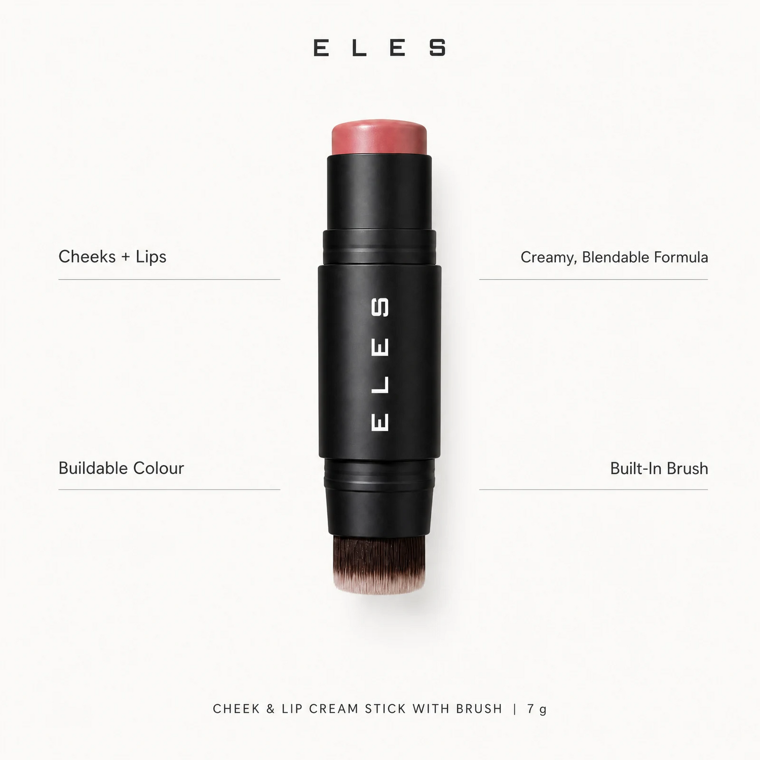 ELES cheek and lip cream stick with brush in a black casing, showing a pinkish nude cream stick top and dual-ended brush bristles, surrounded by descriptive text on a light gray background.