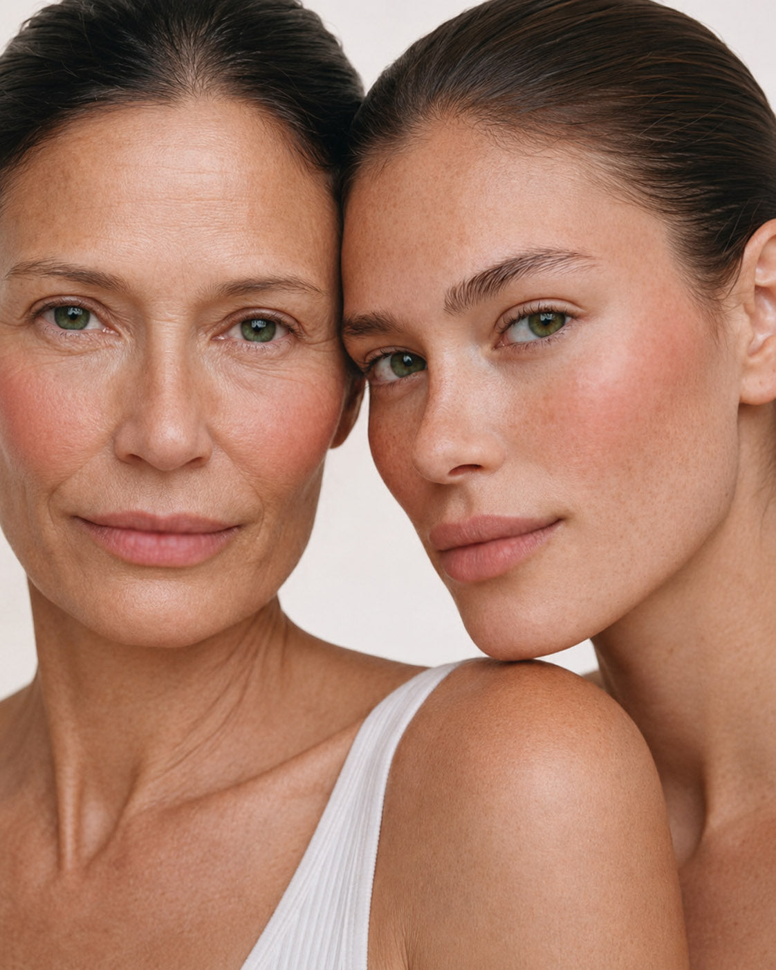 Two women with clean, natural skin posing closely together against a plain light background, wearing a white ribbed tank top.