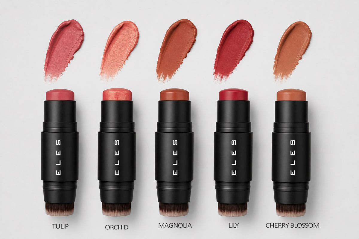 Five ELES lipstick tubes with matching cream swatches above them, labeled Tulip, Orchid, Magnolia, Lily, and Cherry Blossom on a light gray background.