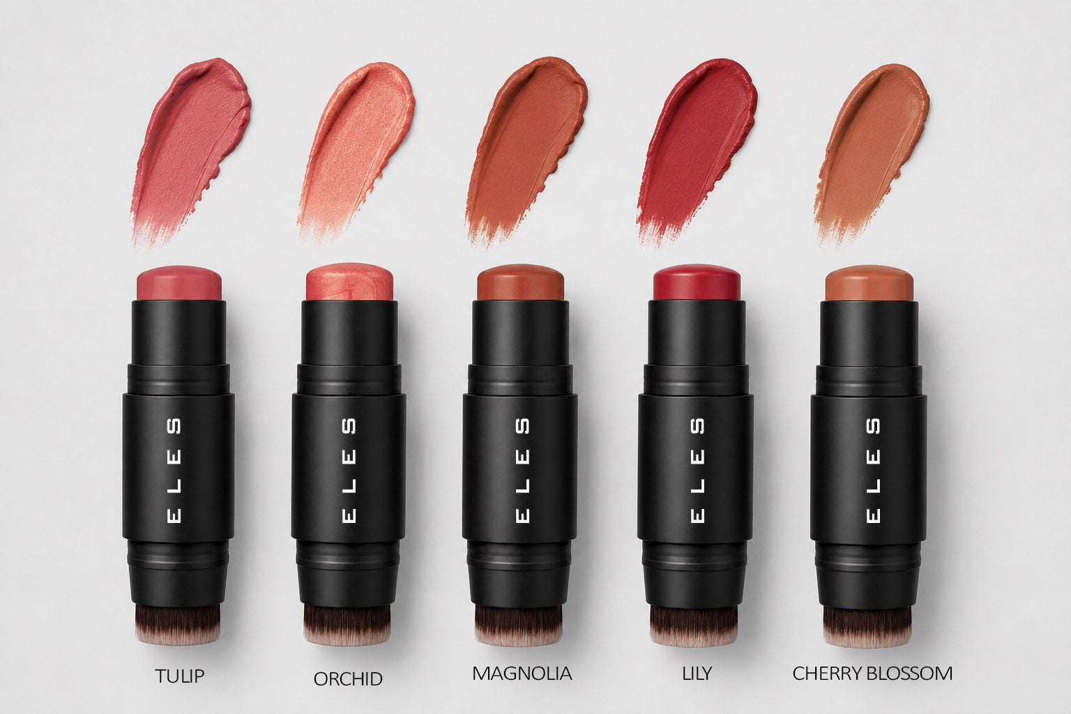 Five ELES lipstick tubes with matching cream swatches above them, labeled Tulip, Orchid, Magnolia, Lily, and Cherry Blossom on a light gray background.