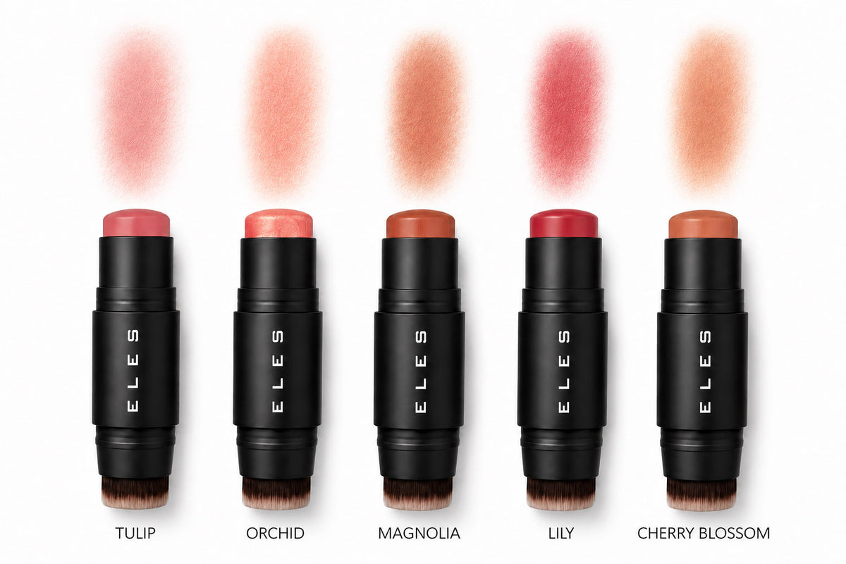 Five ELES makeup blush sticks labeled Tulip, Orchid, Magnolia, Lily, and Cherry Blossom, shown upright on a white background with corresponding pink-peach blush swatches above each stick.