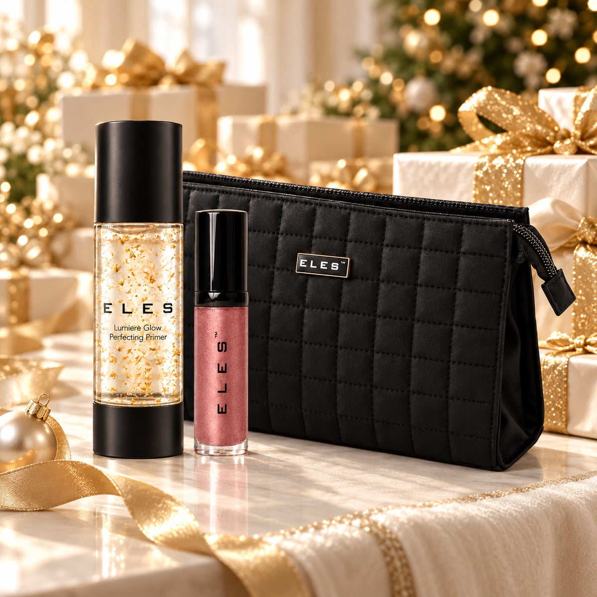 ELES Colour Balm & Lumiere Glow Primer Gift Set on a festive gift table. File: eles-colour-balm-and-lumiere-glow-primer-gift-set-christmas-gift-table-2026.jpg