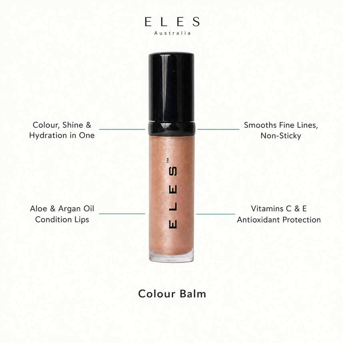 ELES Colour Balm benefit callout showing colour shine and hydration in one, aloe and argan oil condition lips, smooths fine lines non-sticky, and vitamins C and E antioxidant protection for professional salon and clinic use